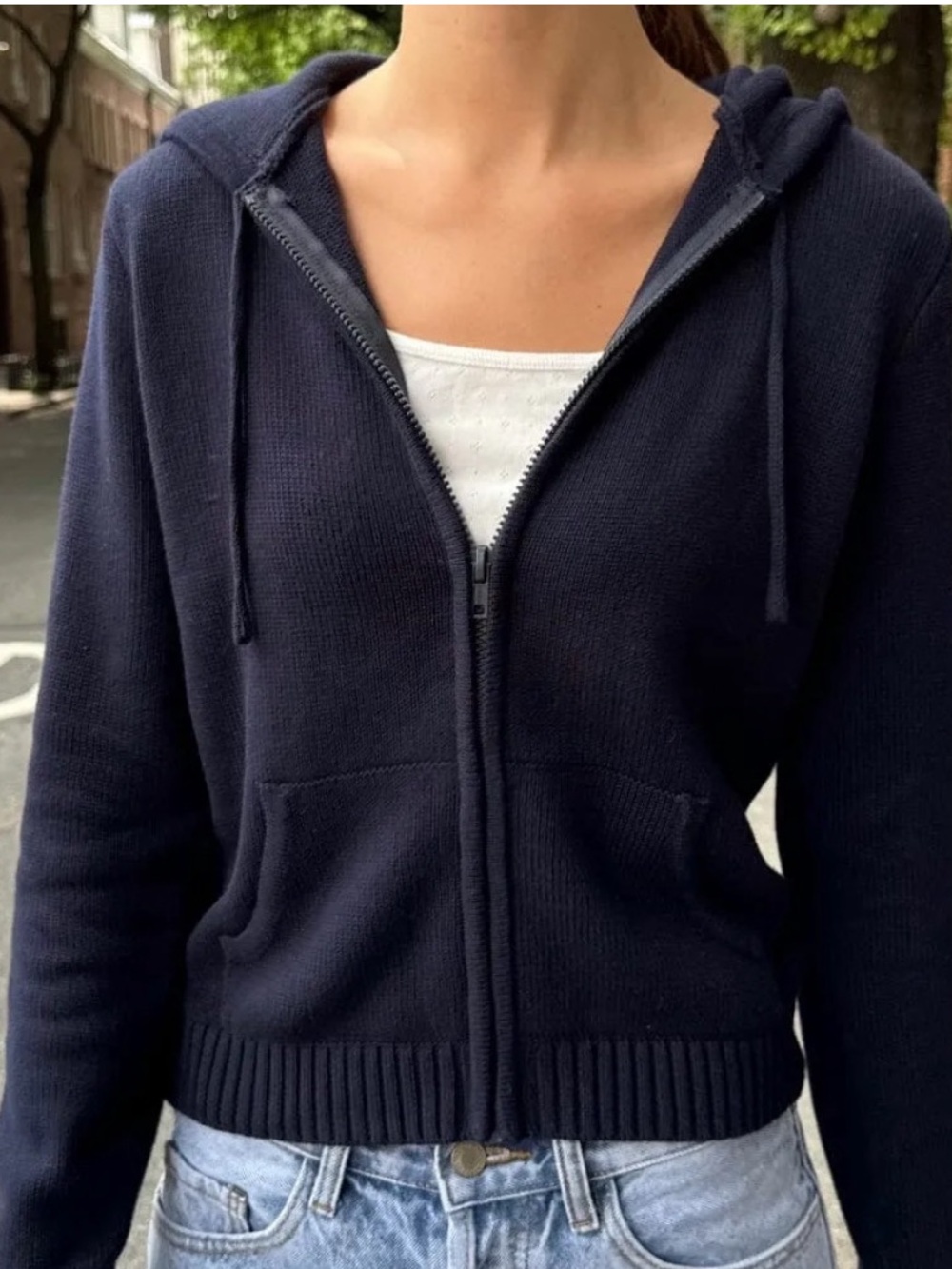 Brandy Melville Knit Sweater Crop Hoodie Jacket Navy like NEW